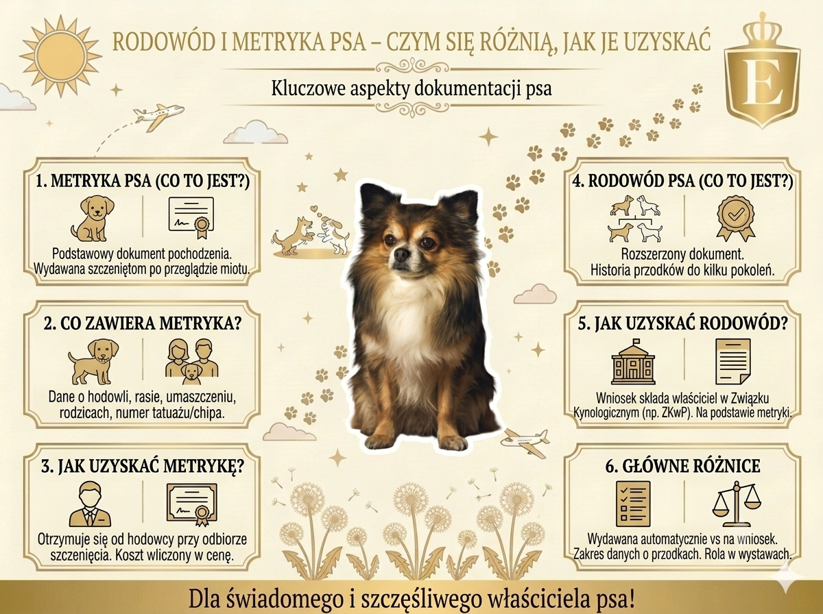 Infografika przedstawiająca różnice między metryką psa a rodowodem psa. Zawiera informacje o tym, czym jest metryka psa, jakie dane zawiera, jak ją uzyskać, czym jest rodowód psa, jak wyrobić rodowód oraz najważniejsze różnice między tymi dokumentami. W centrum grafiki znajduje się pies rasy chihuahua. Dokumentacja psa obejmuje dane hodowli, pochodzenie, numer chipa oraz informacje o przodkach.